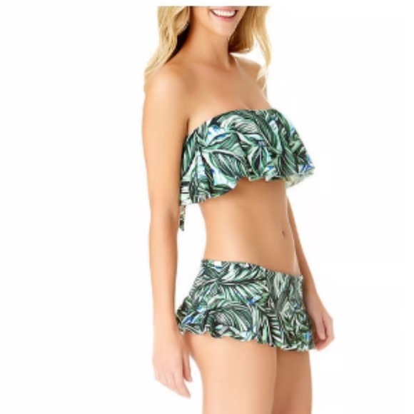 A n.a green tropical leaf bandeau flounce bikini top with removable strap XL NWT - Picture 3 of 13